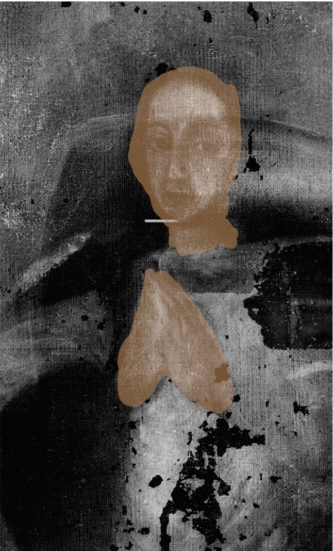 Rostro y manos de la figura oculta resaltados sobre la imagen radiográfica