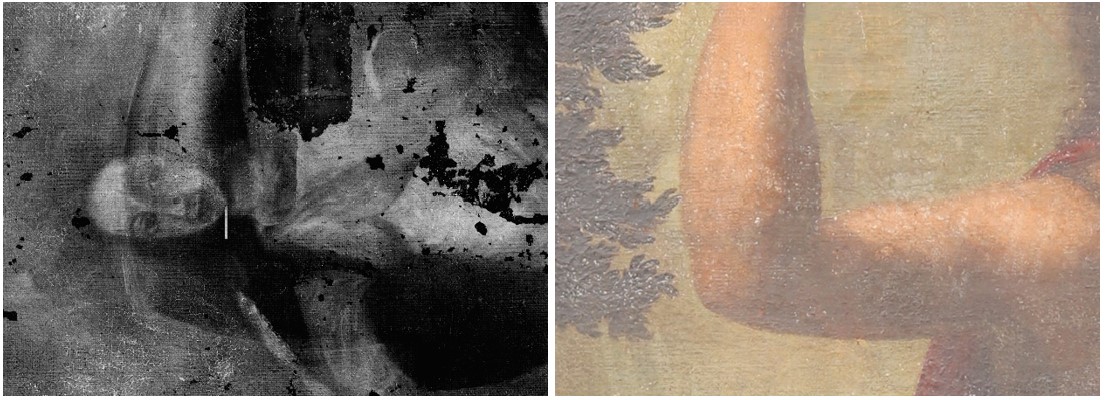 Comparativa radiografía y luz visible de la zona del rostro oculto